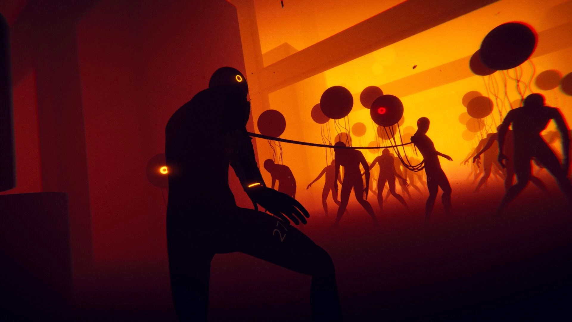 IN SILICO: Shadowy humanoids tethered to floating orbs in a glowing orange corridor-like chamber.