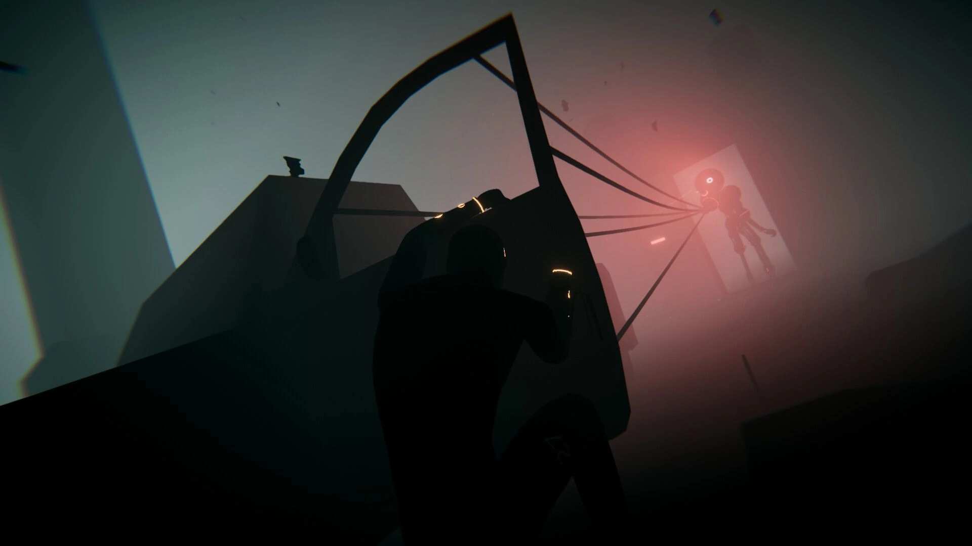 IN SILICO: First-person view holding a cable tool toward a glowing red floating robot in foggy void.