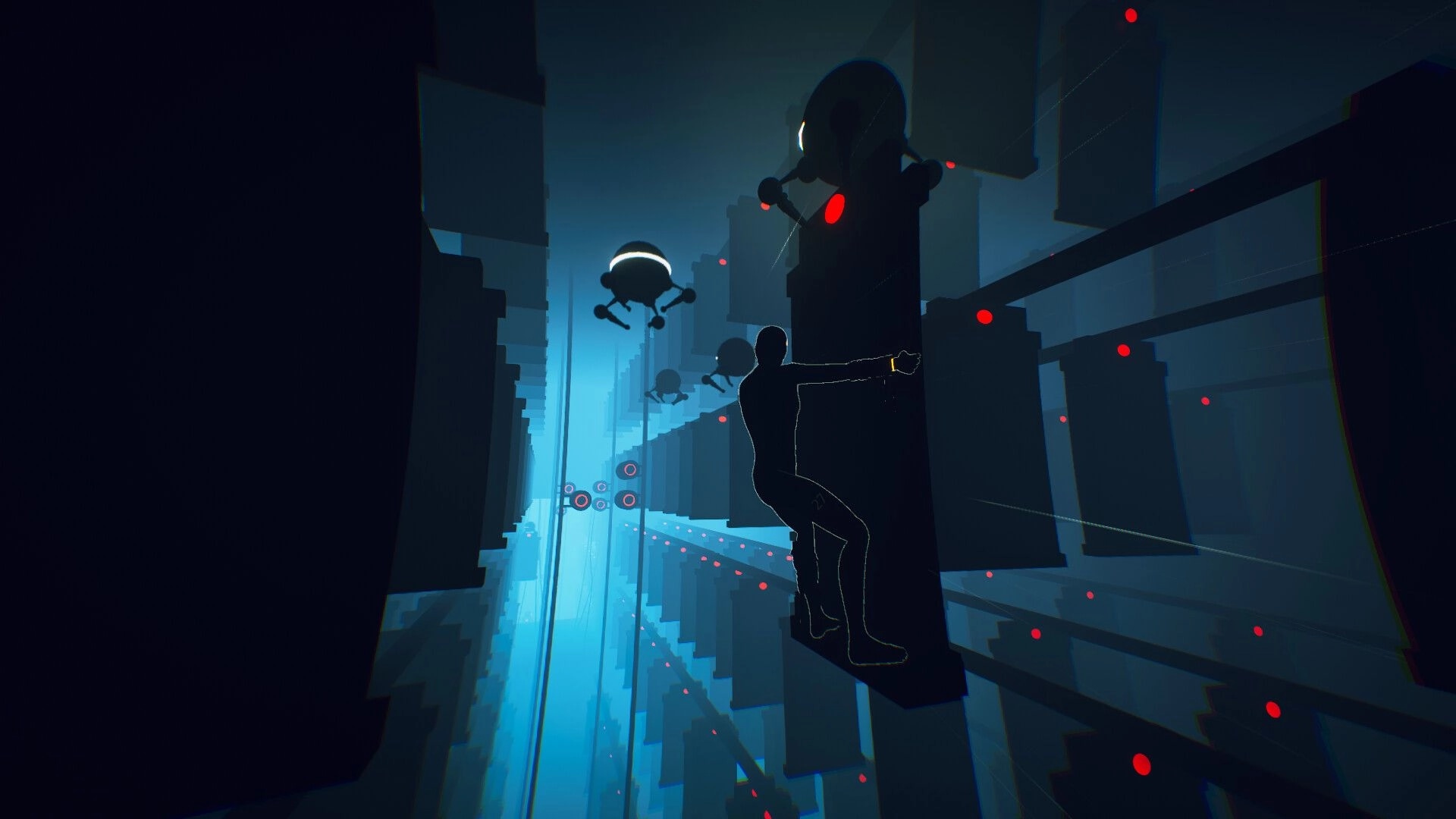 IN SILICO: Silhouetted player wall-climbs a neon tower as hovering drones patrol a blue data cityscape.