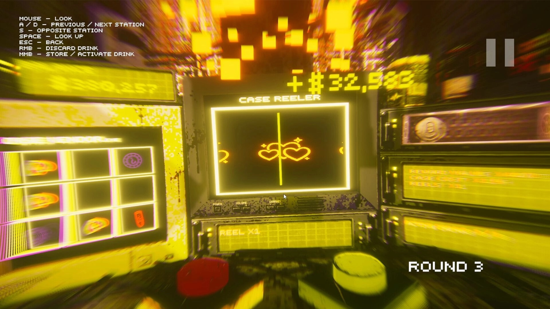 In that case...: Playing the Case Reeler machine with glowing screens and ROUND 3 UI in neon arcade room.