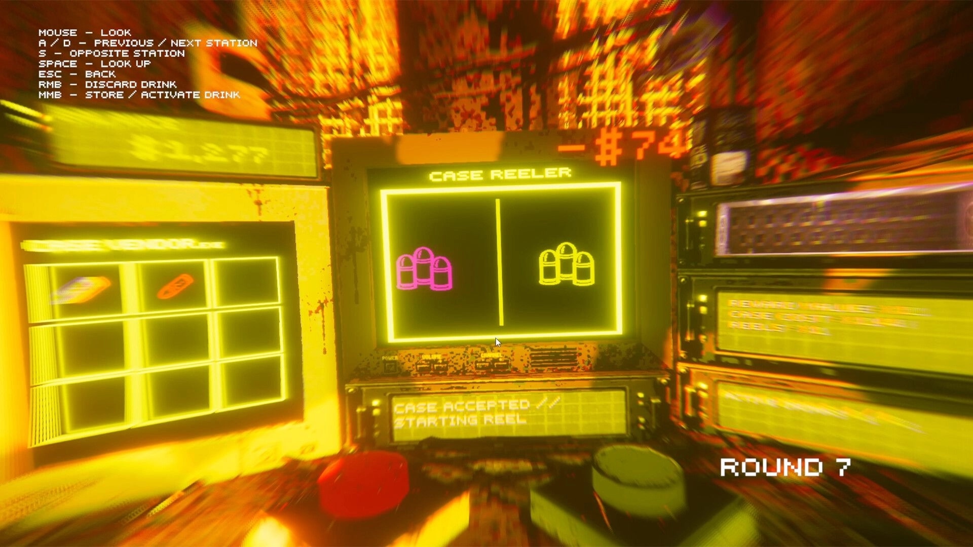 In that case...: Case Reeler selection UI with bullet icons and Round 7 in a neon-lit control room.