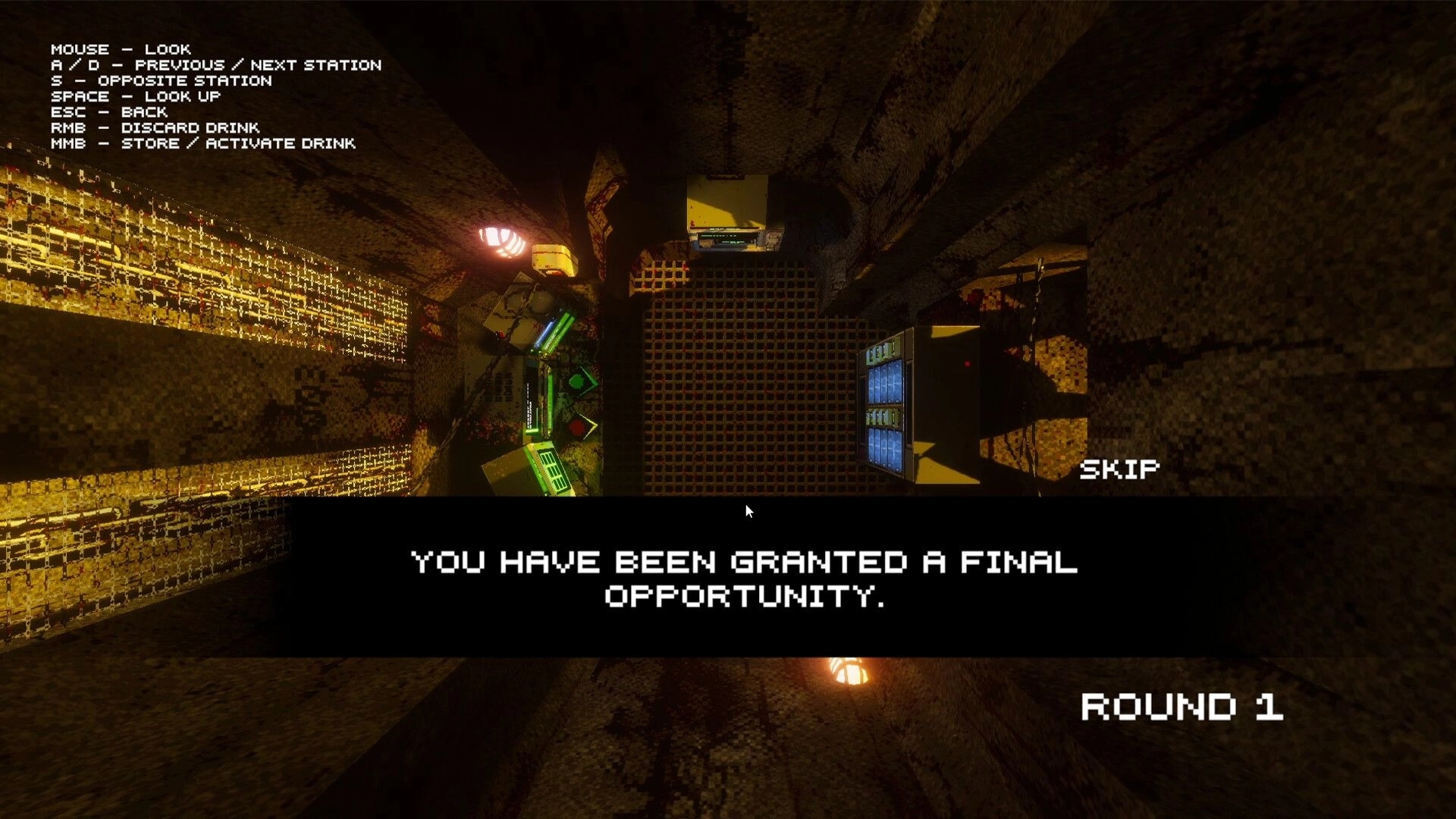 In that case...: Round 1 intro text with control hints in a grimy tunnel lit by orange lamps.
