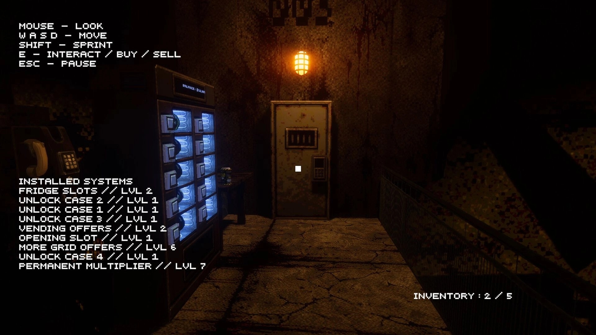 In that case...: Installed Systems list beside blue vending machine in dim corridor facing keypad door.