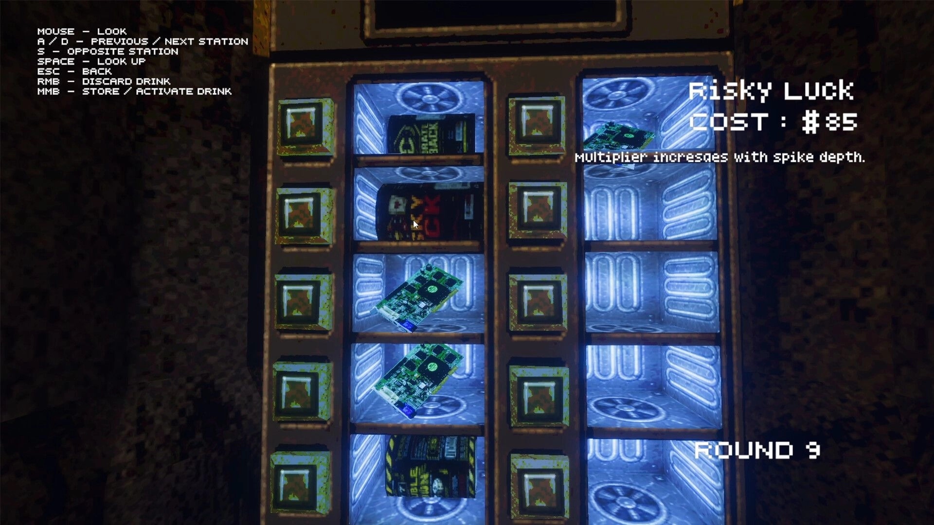 In that case...: Risky Luck shop UI with cost $85 and Round 3 beside a lit vending machine grid.
