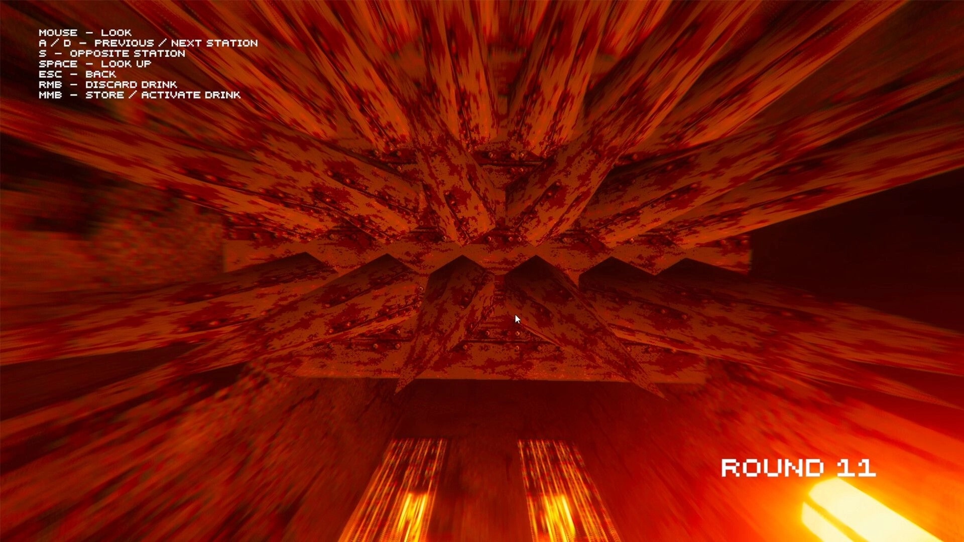 In that case...: Red-tinted first-person view under spiked ceiling, controls list and ROUND 11 UI visible.