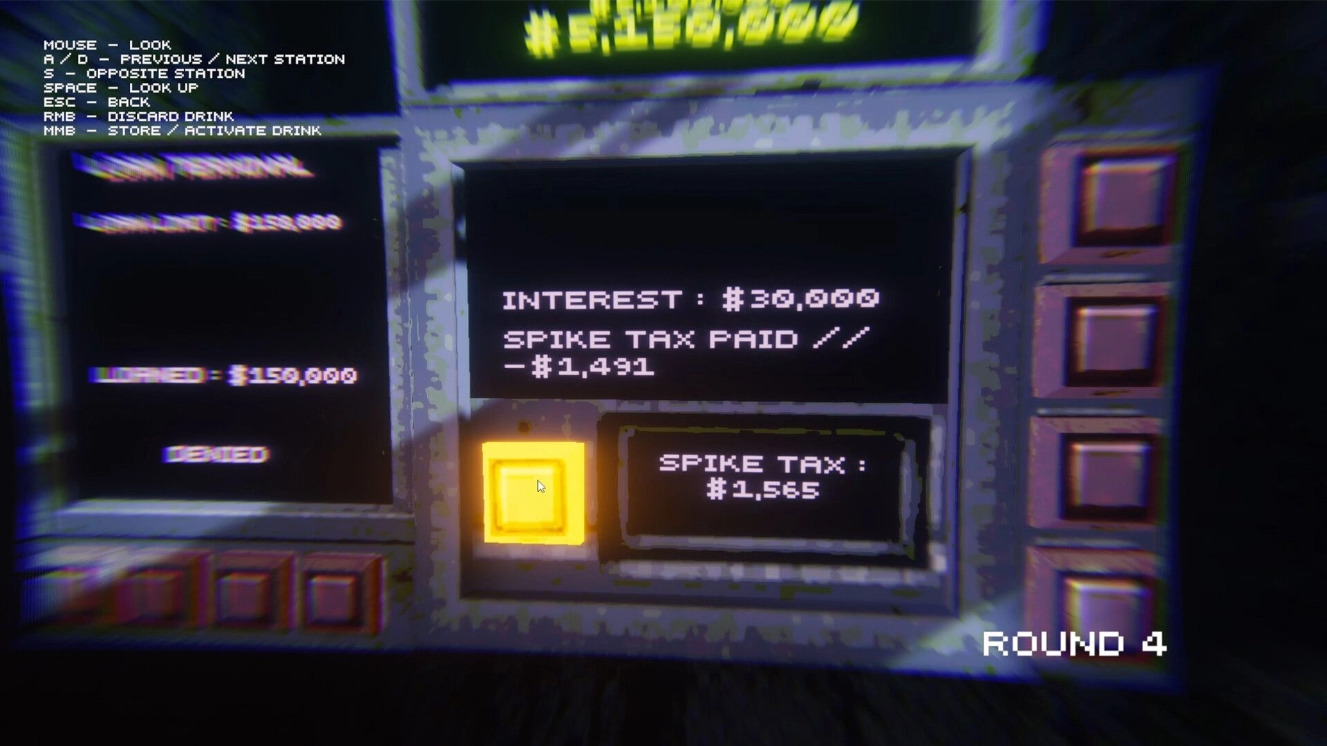 In that case...: Player views debt terminal with interest and spike tax readouts in glitchy kiosk UI.
