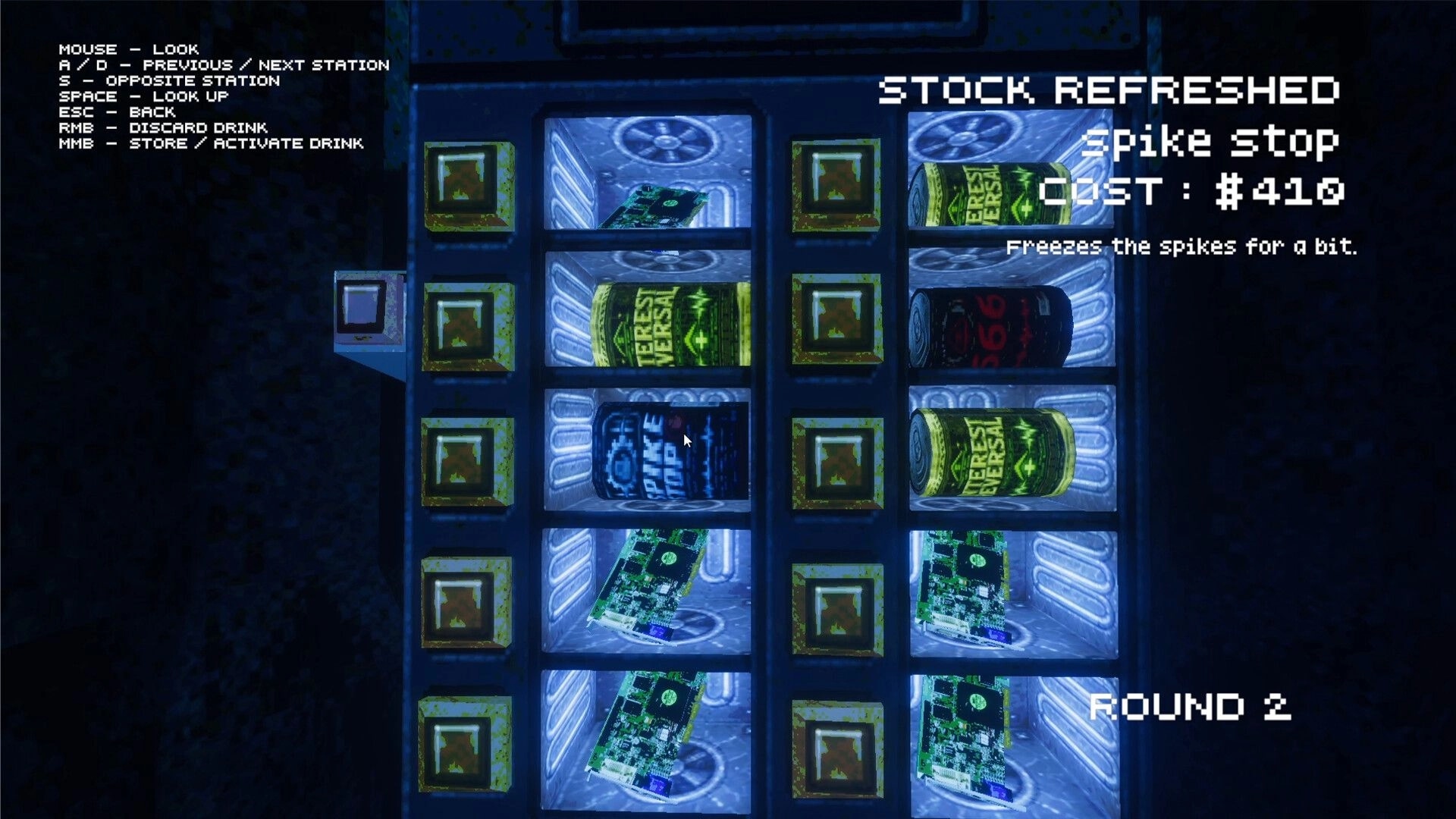 In that case...: Vending machine shop UI with Stock Refreshed item info, cost, and Round 2 display.