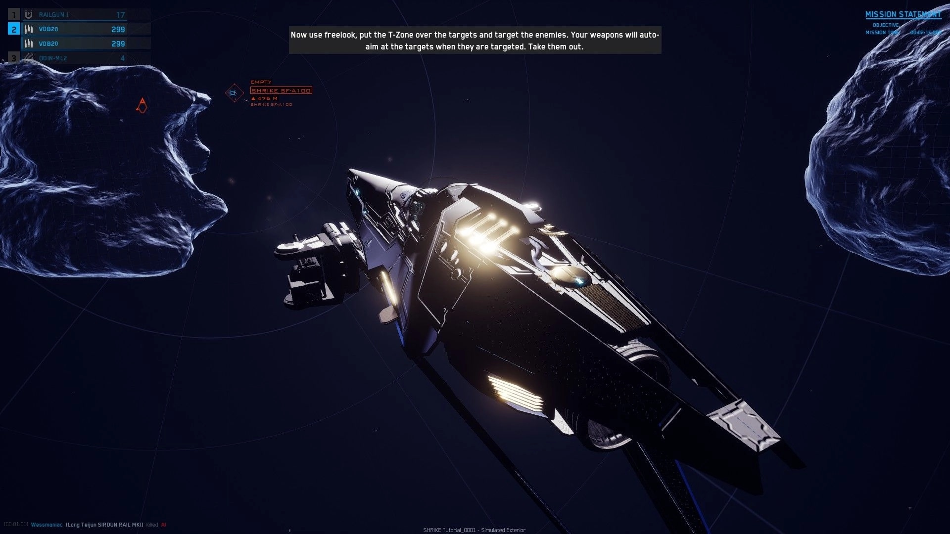 In The Black: Spaceship navigating near asteroids with targeting HUD and mission objectives displayed