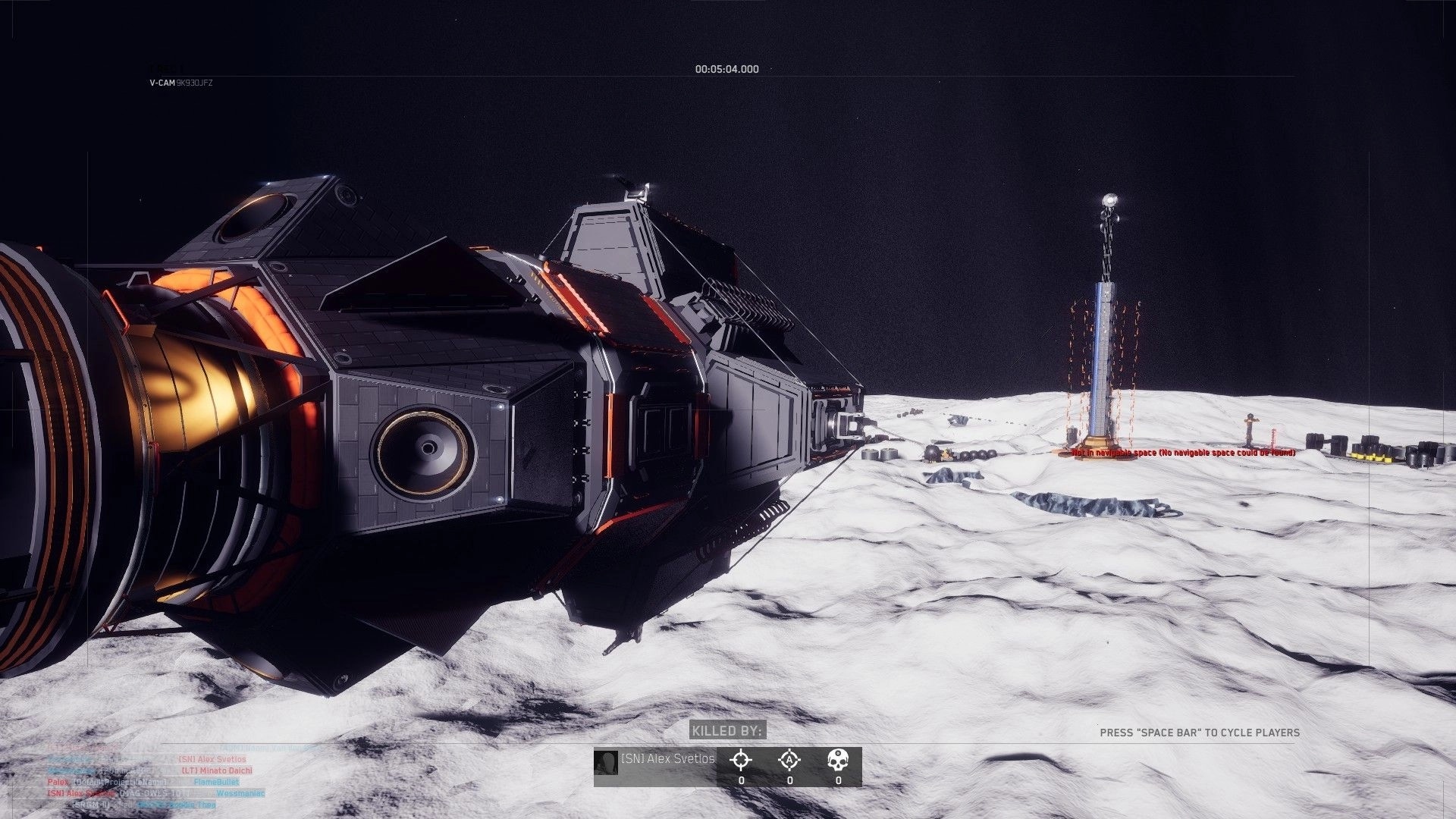 In The Black: Spaceship flying over a lunar surface with structures and a tall communication tower visible.