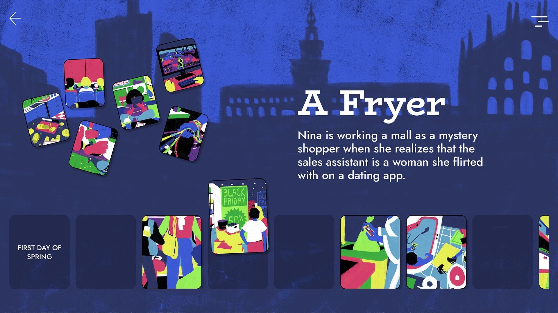 In Their Shoes: Nina's narrative cards and text on a blue background with city skyline silhouette.