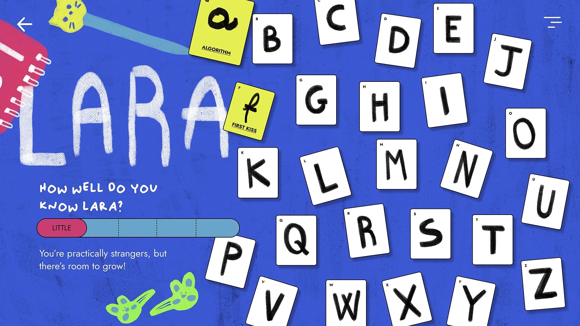 In Their Shoes: Letter cards scattered on a blue background, "How well do you know Lara?" question.
