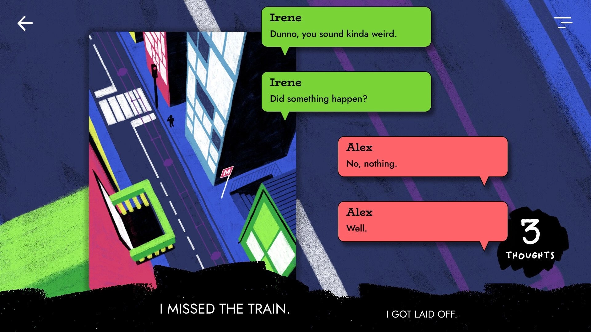 In Their Shoes: Overhead view of city street with dialogue boxes from Irene and Alex discussing a missed train.