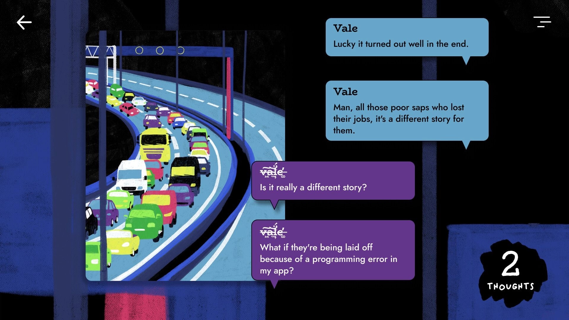 In Their Shoes: Vale's thoughts overlaying colorful traffic scene on a curved highway bridge