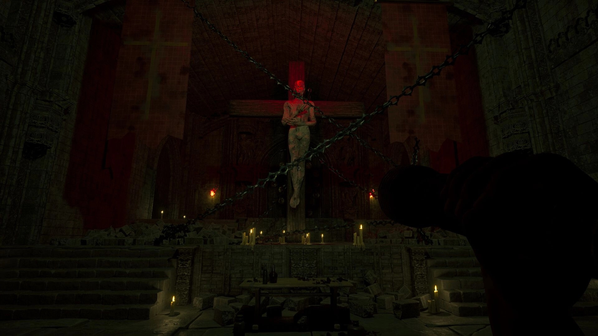 In Vino Veritas: First-person view aiming at chained crucifix figure in a candlelit cathedral nave.