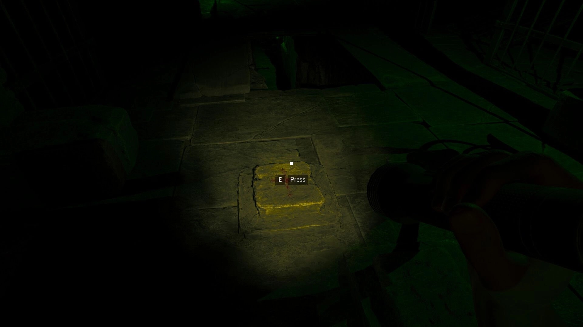 In Vino Veritas: First-person view aiming at a floor switch prompt "E Press" in dark corridor.
