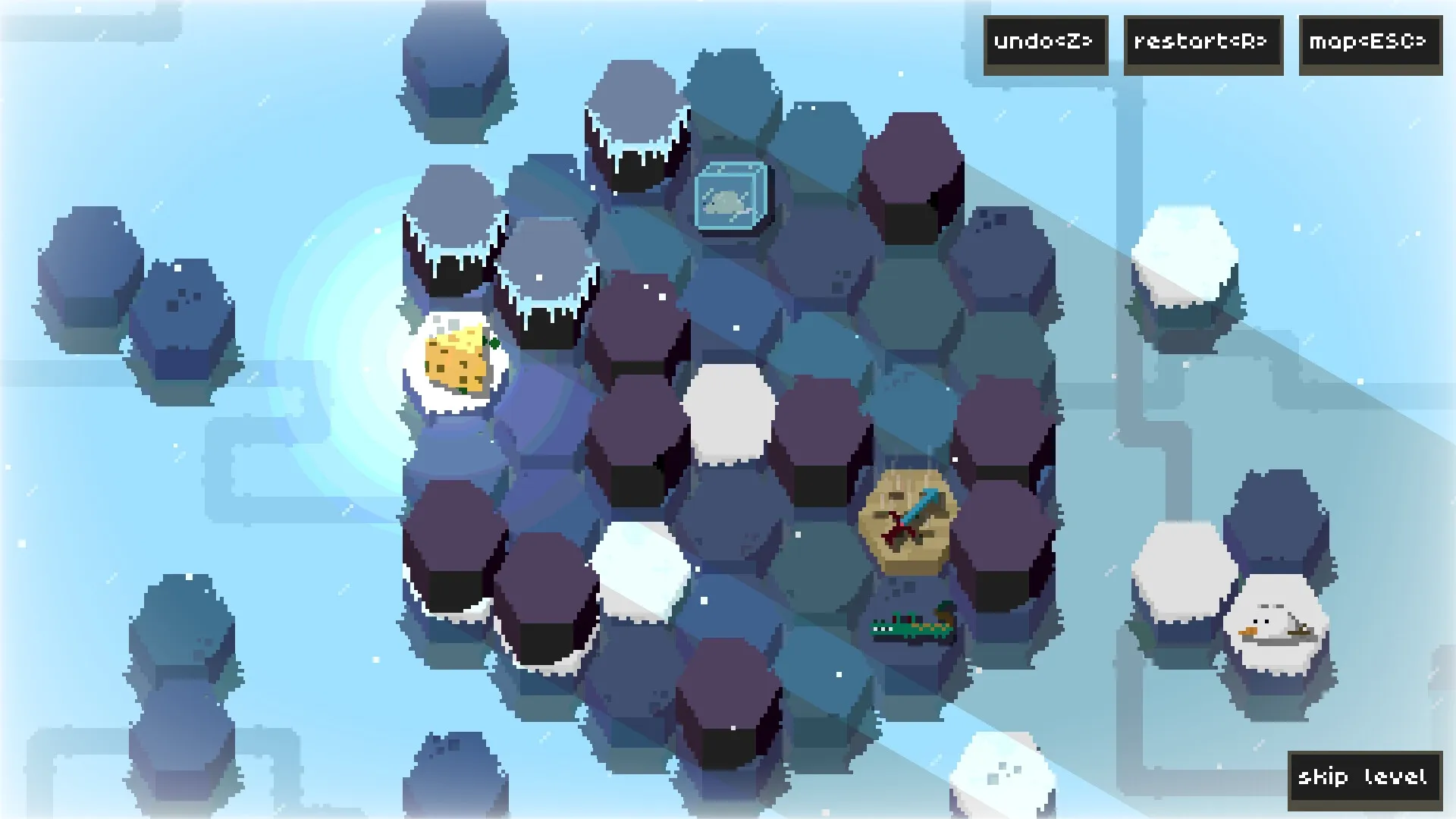 Inconceivable Rat Endeavour: Hexagonal puzzle with icy tiles, cheese to collect, and tools to avoid traps.