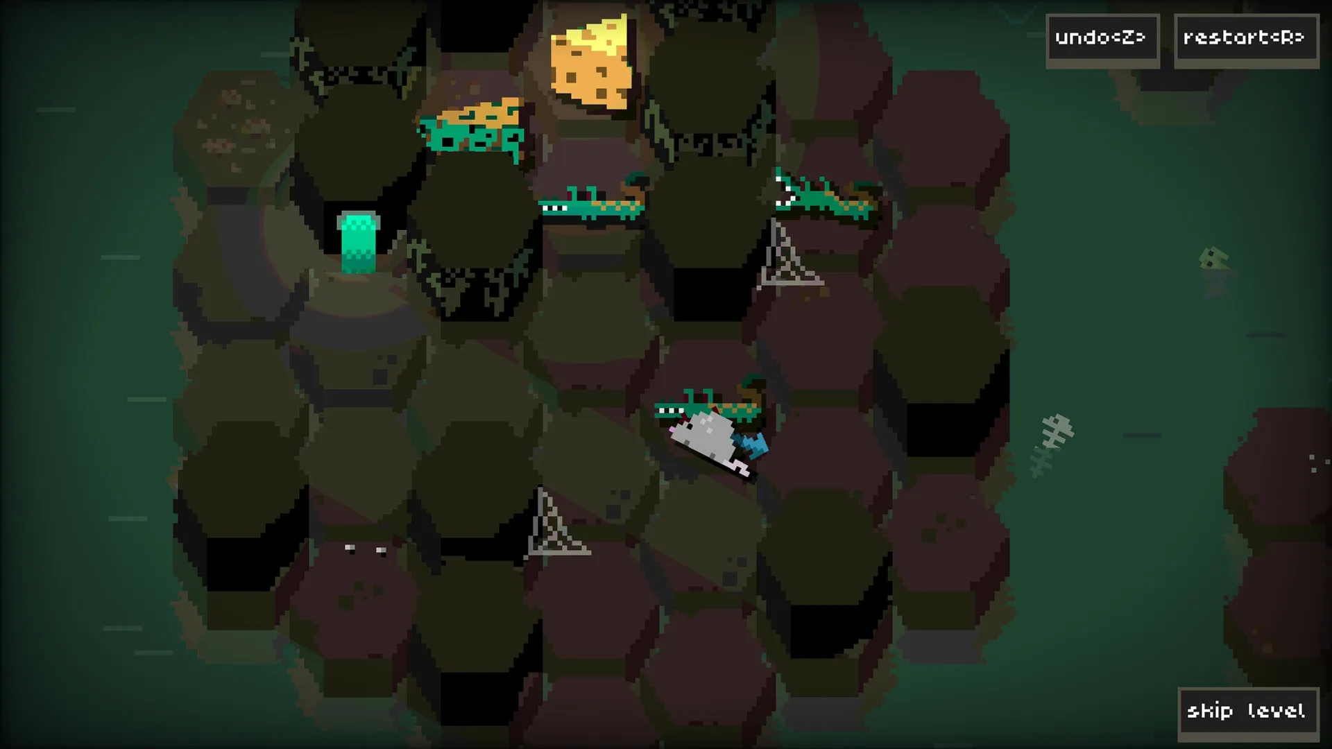 Inconceivable Rat Endeavour: Rat navigates hexagonal tiles avoiding traps and collecting cheese in sewers.