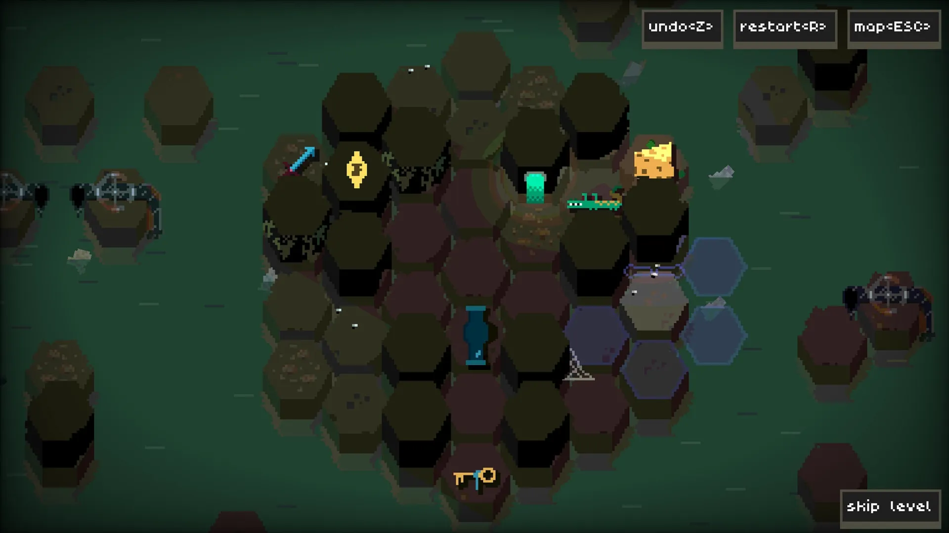 Inconceivable Rat Endeavour: Hexagonal sewer puzzle with cheese, traps, and navigation buttons visible.