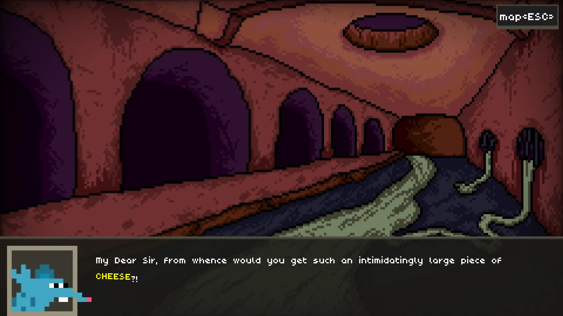 Inconceivable Rat Endeavour: Dialogue with a blue rat in a dimly lit sewer with map and ESC keys shown.