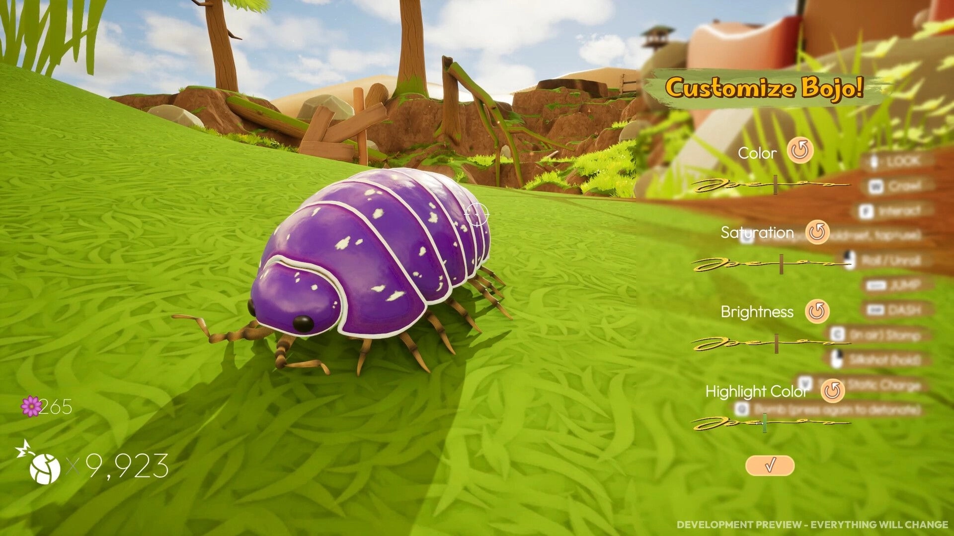 Incredibug: Customize Bojo color sliders beside a purple pill bug on grassy hillside outdoors.