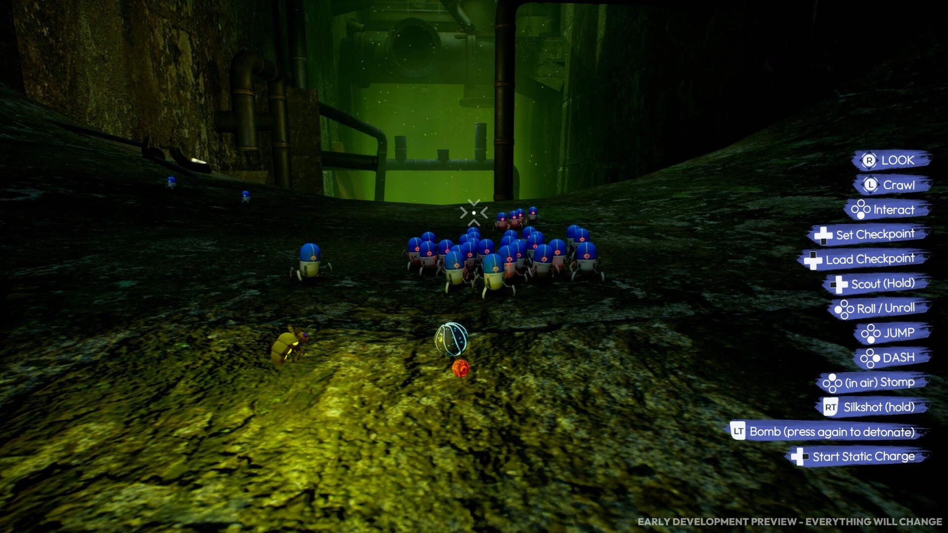 Incredibug: Pill bug leads a swarm of blue critters through a green sewer with controls list UI.