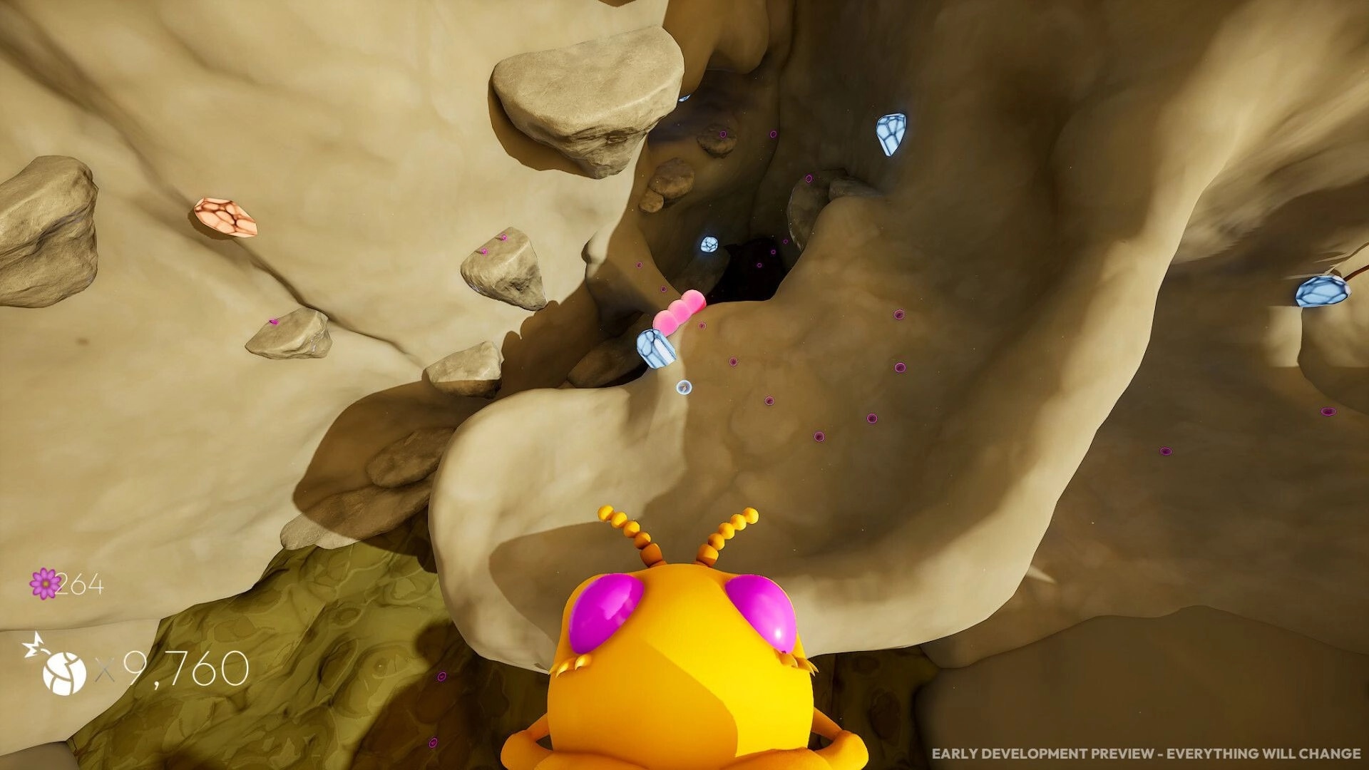 Incredibug: Bug climbs rocky tunnel with glowing crystals and purple nodes, flower counter UI visible.