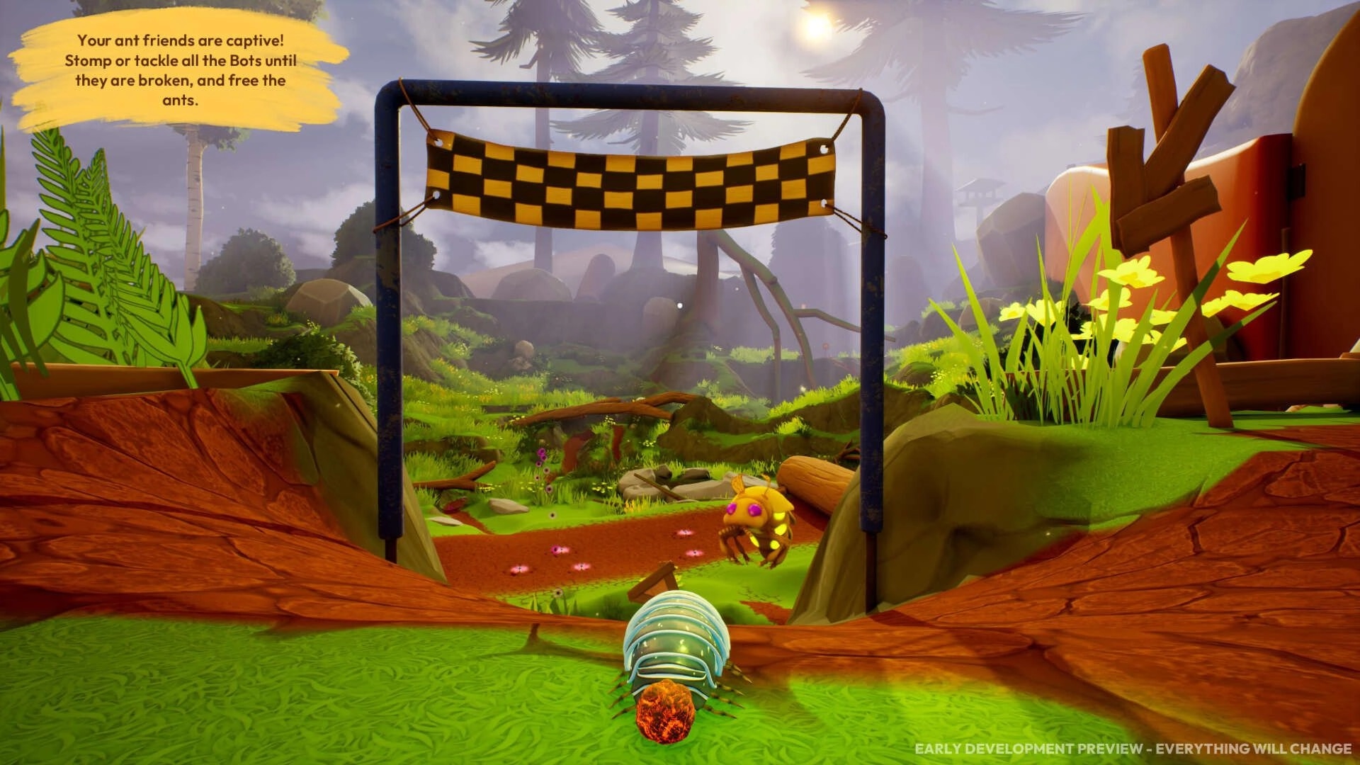 Incredibug: Pill bug races toward a checkered finish gate in a sunny forest trail tutorial screen.