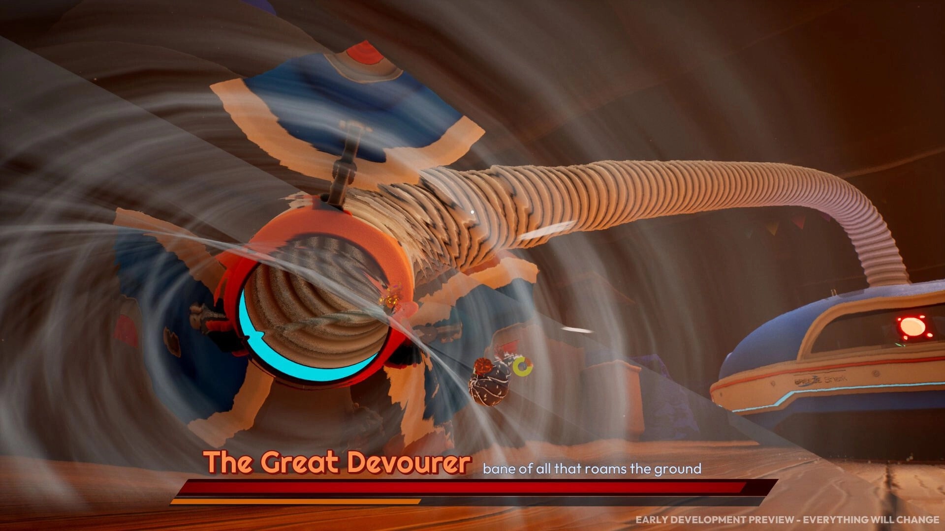Incredibug: Boss fight with The Great Devourer and health bar in a dusty tunnel arena.