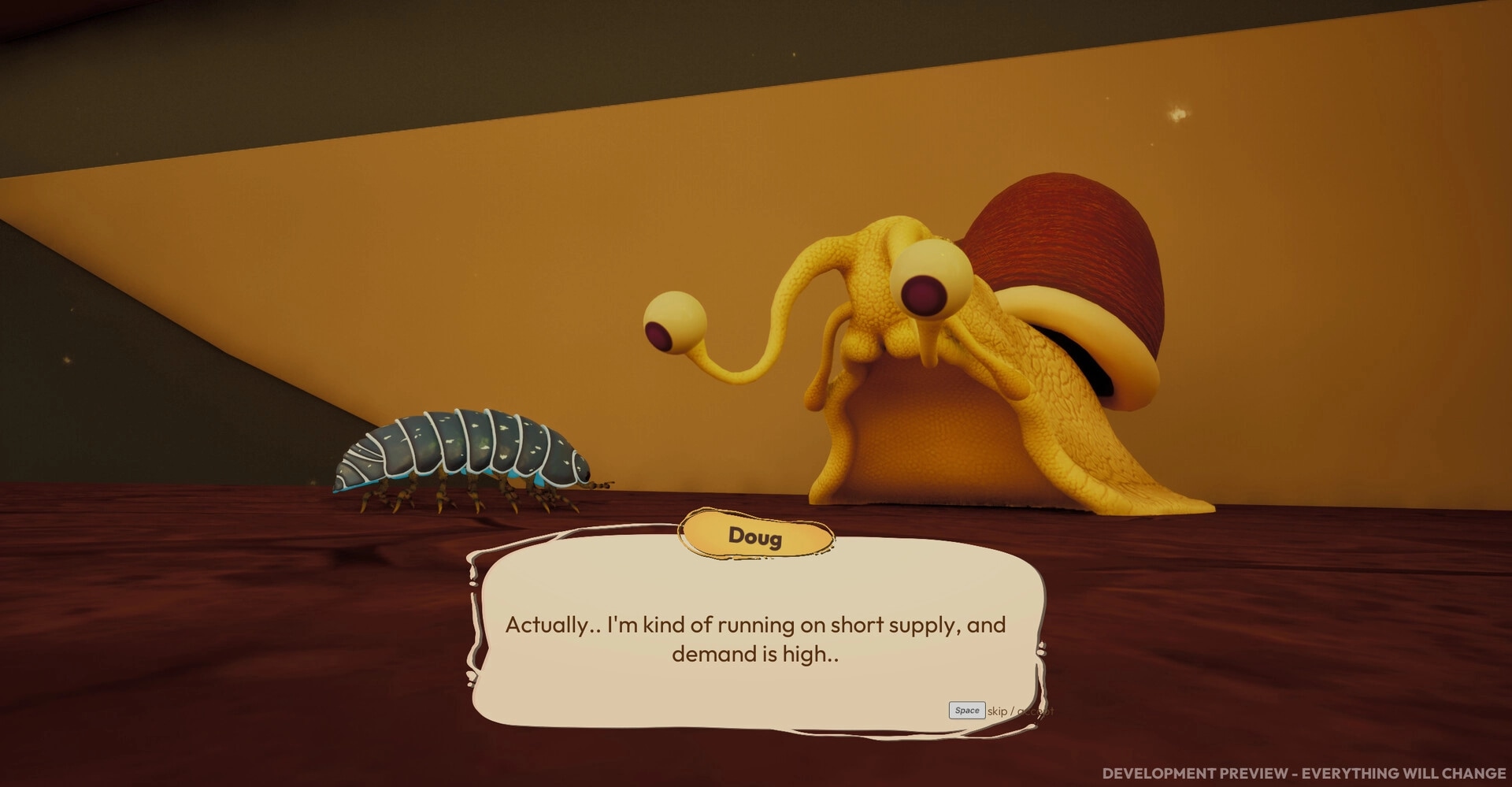 Incredibug: Pill bug talks to giant snail Doug via dialogue box on a wooden tabletop scene.