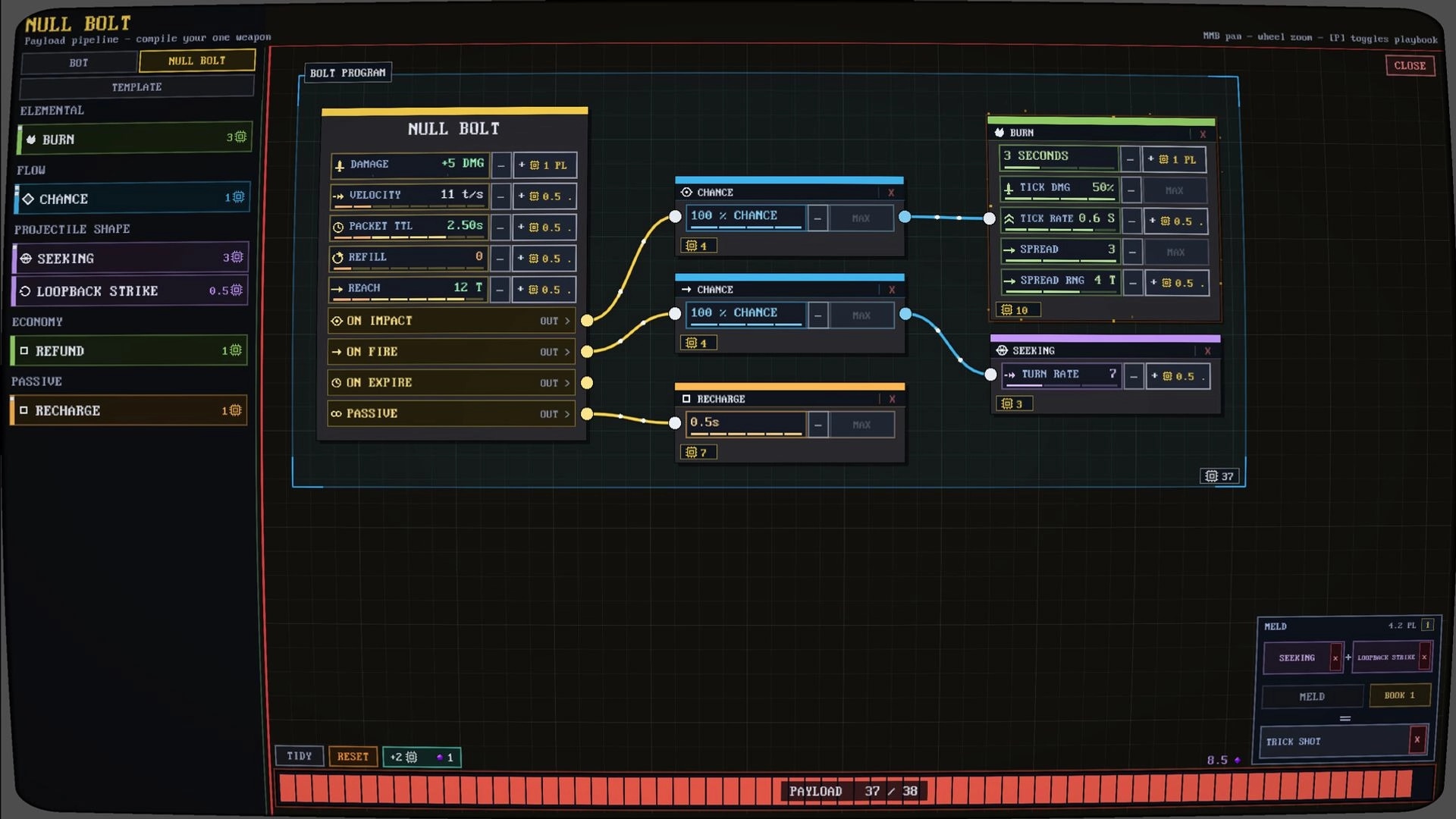 Incremaze: Null Bolt program editor with linked Chance, Burn, Seeking nodes on a grid workspace.