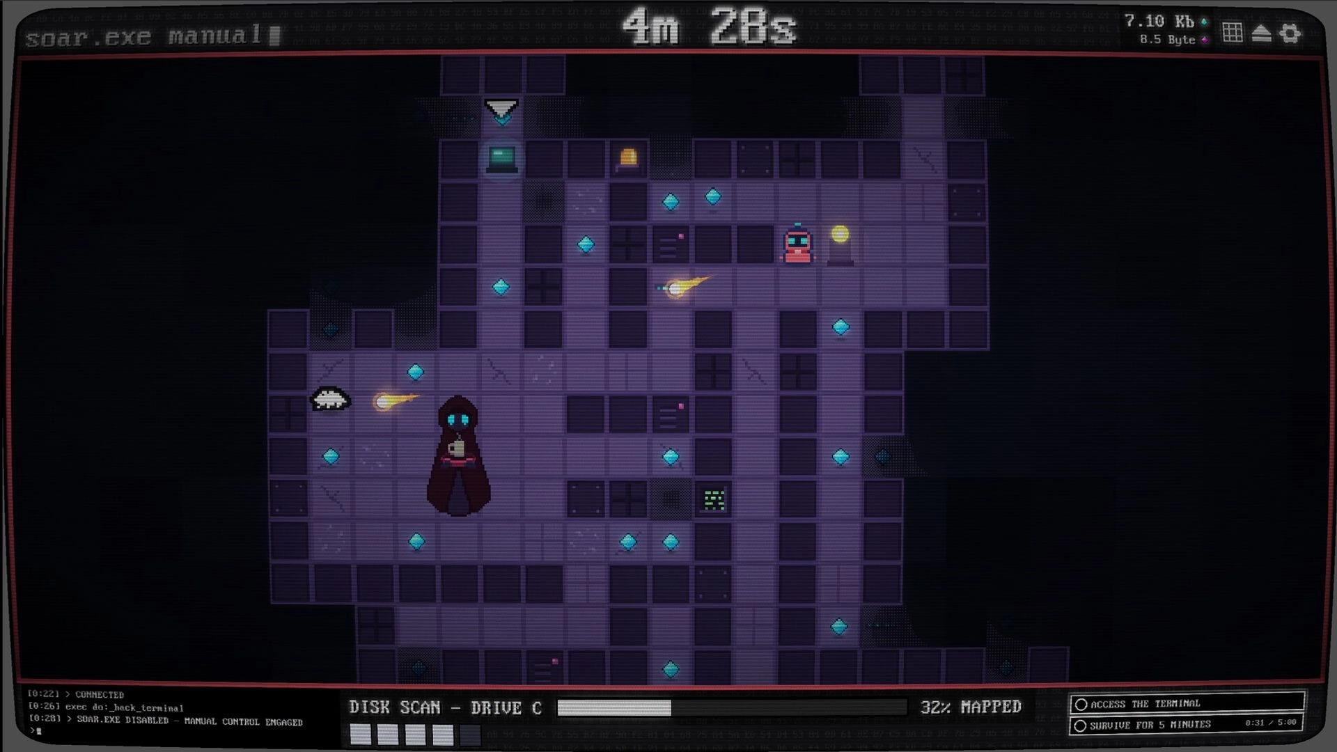 Incremaze: Hooded avatar dodges projectiles on grid maze of tiles with gems and terminals UI.