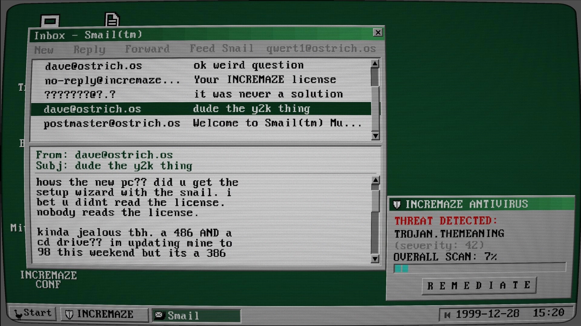 Incremaze: Email inbox open beside antivirus alert for Trojan.Themeaning with scan at 7% on desktop.