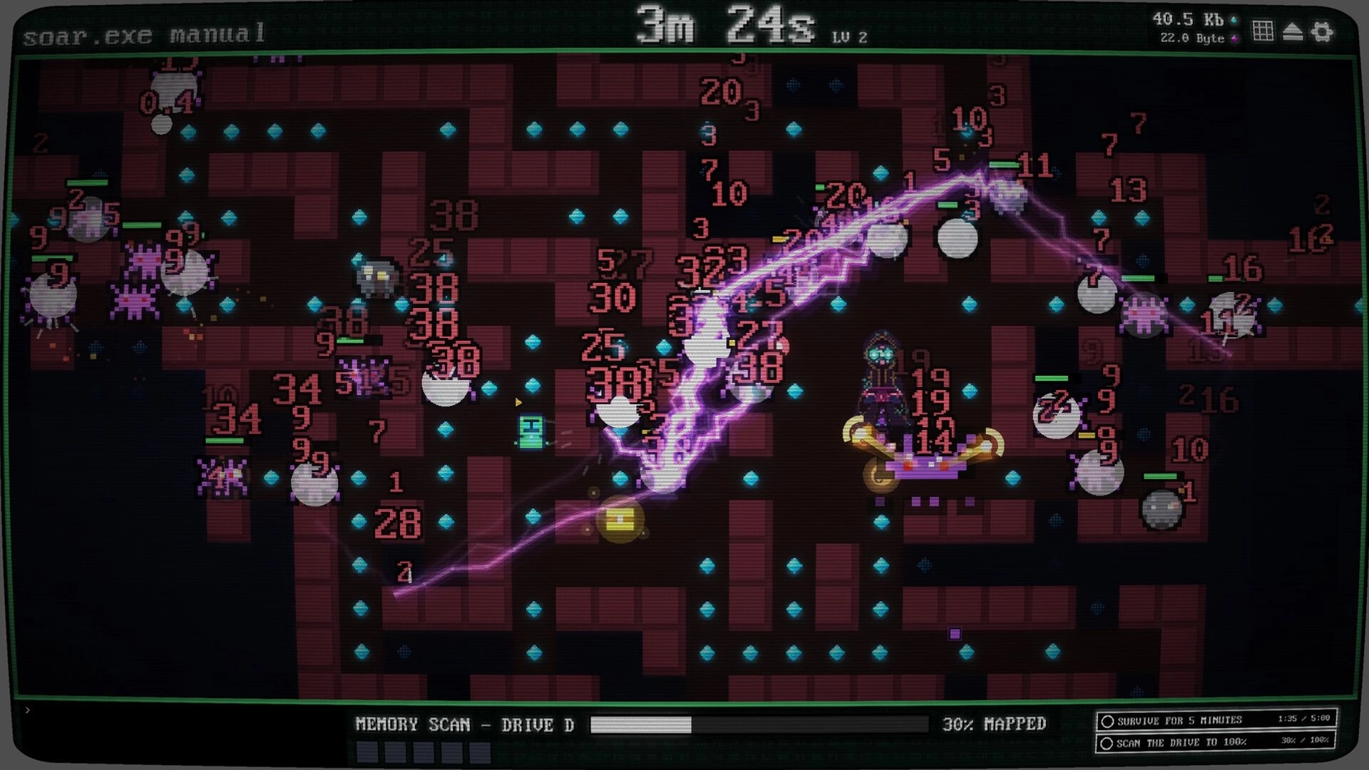 Incremaze: Antivirus unit fires purple lightning at orb enemies in a maze drive scan UI with timer.