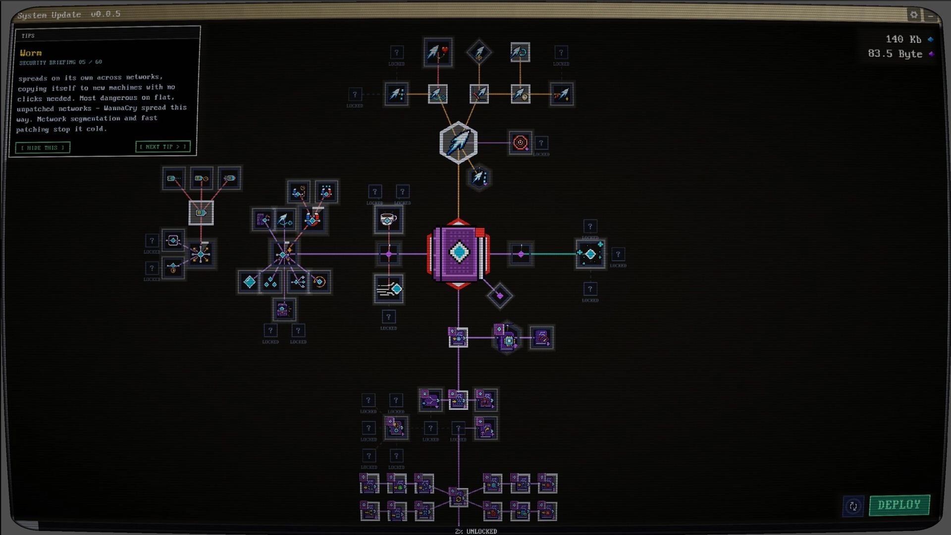Incremaze: Upgrade tree map with linked nodes and locked icons, tips panel, and Deploy button UI.