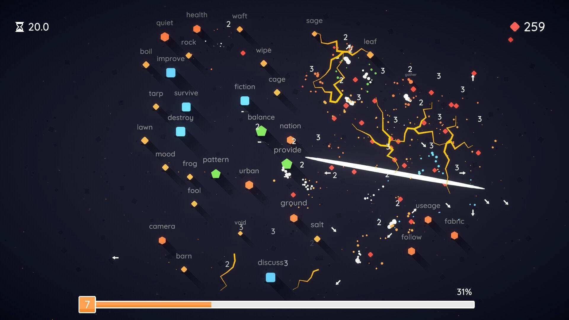 Incretyper: Typing words to trigger lightning and blasts across floating shapes on dark arena field.