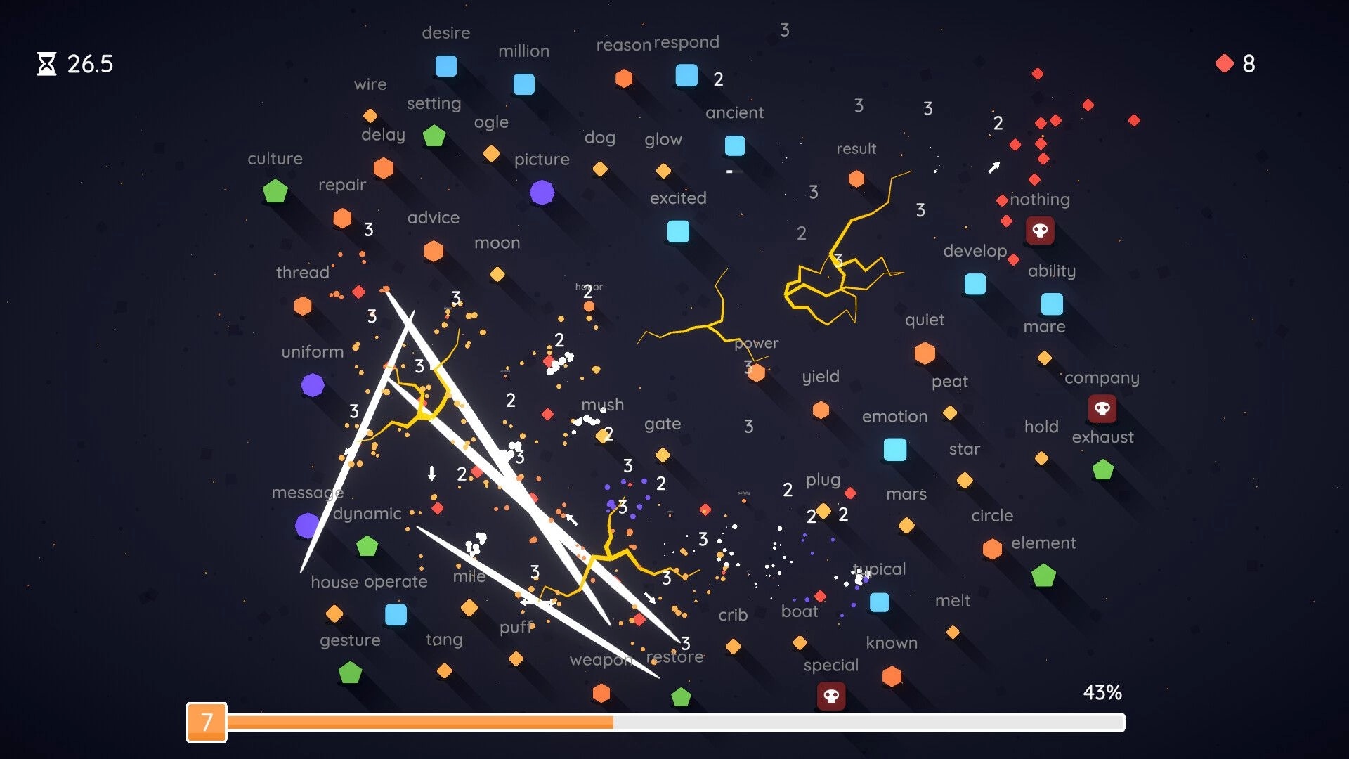Incretyper: Lightning chain attacks hit word-labeled shapes with timers and progress bar on dark field.