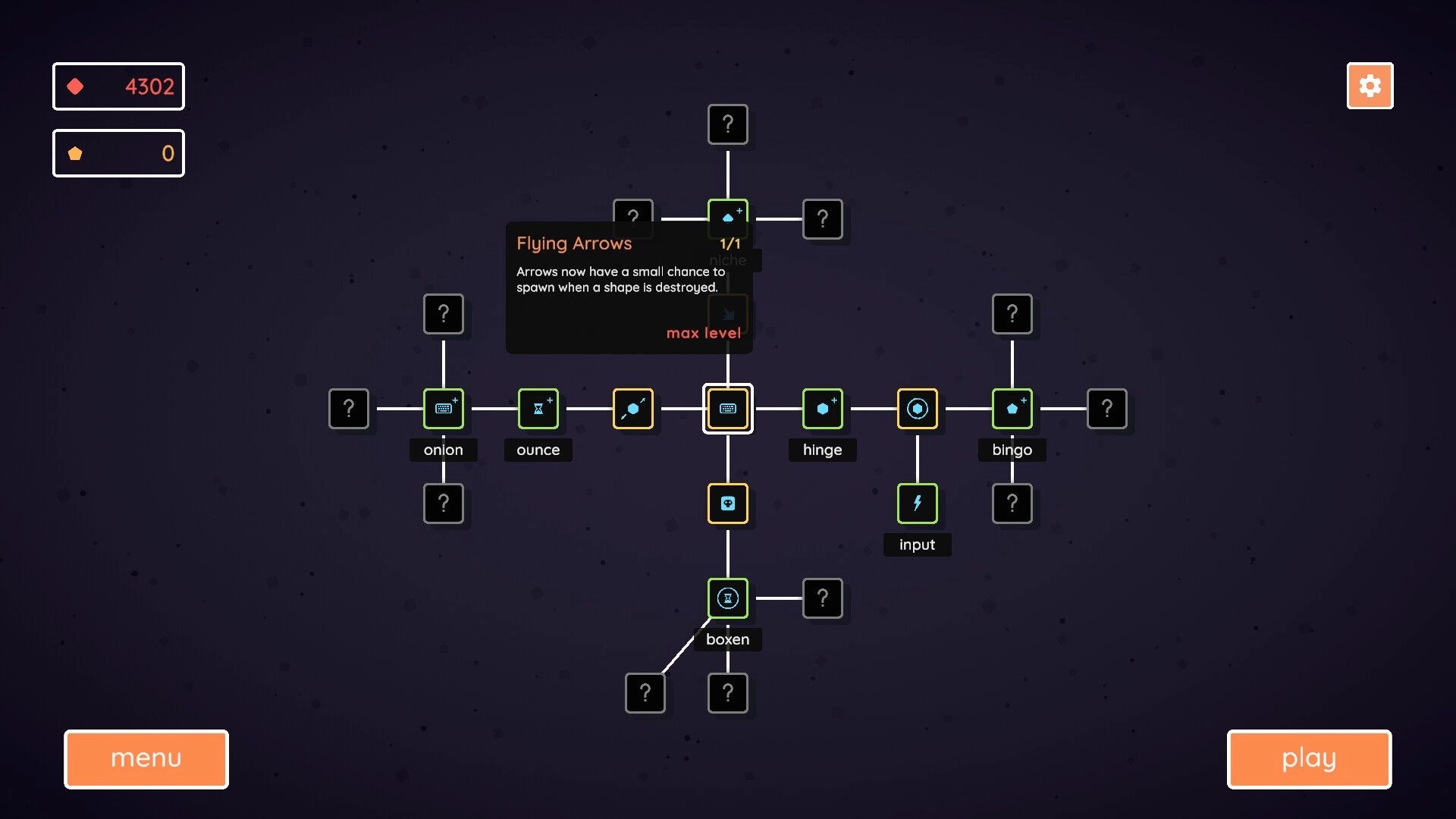 Incretyper: Upgrade skill tree with Flying Arrows tooltip and play/menu buttons on starry backdrop.