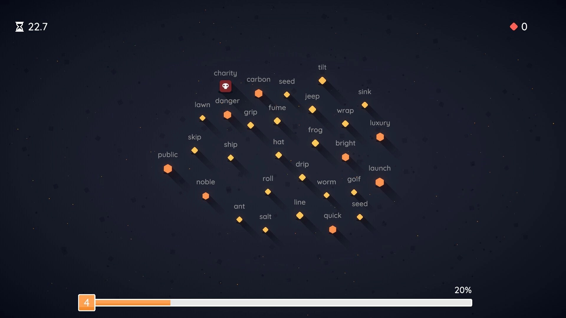 Incretyper: Typing targets with floating words over hex tiles on a dark grid with timer and 20% bar.
