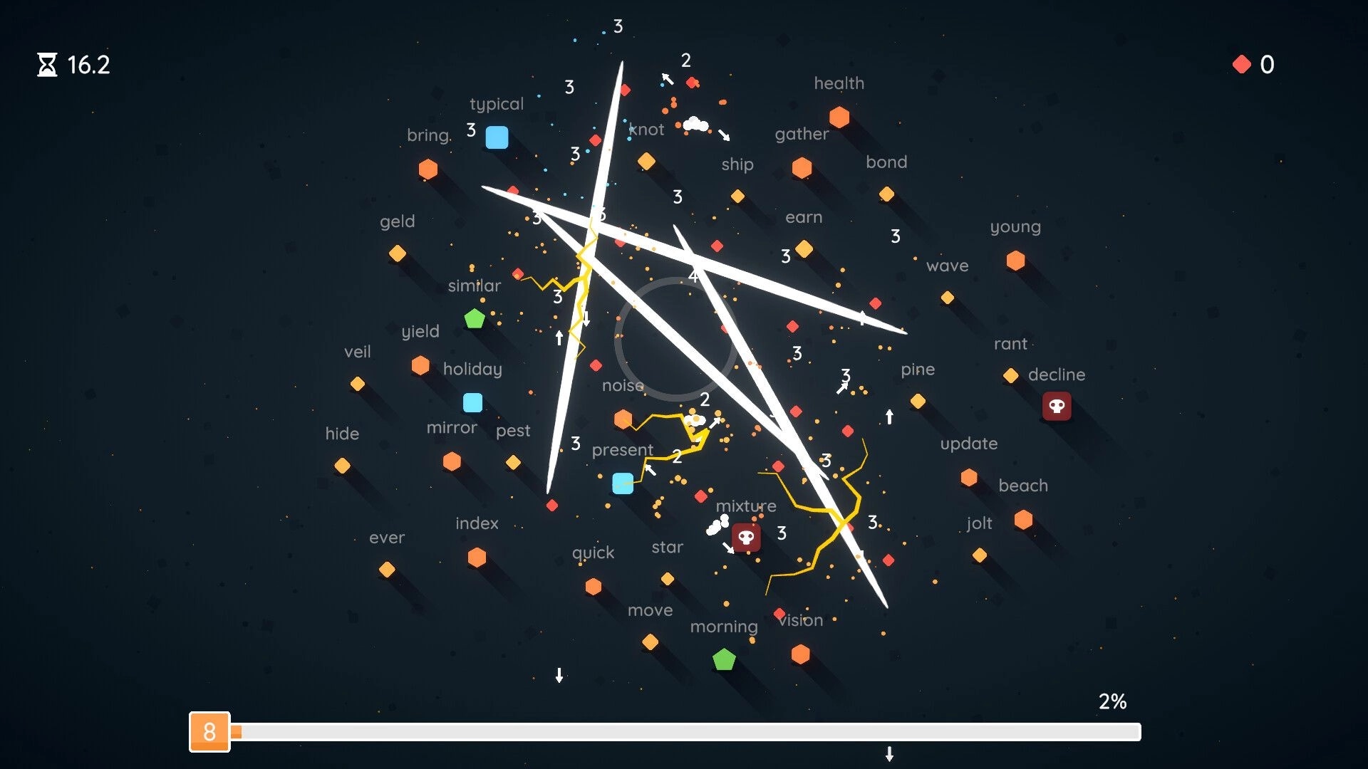Incretyper: Typing words triggers lightning blasts hitting colored shapes on a dark grid arena UI.