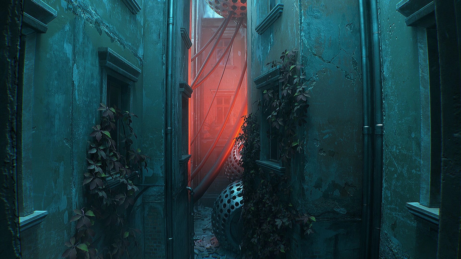 INDUSTRIA 2: Narrow alleyway with glowing red cables and overgrown plants in a dystopian urban setting