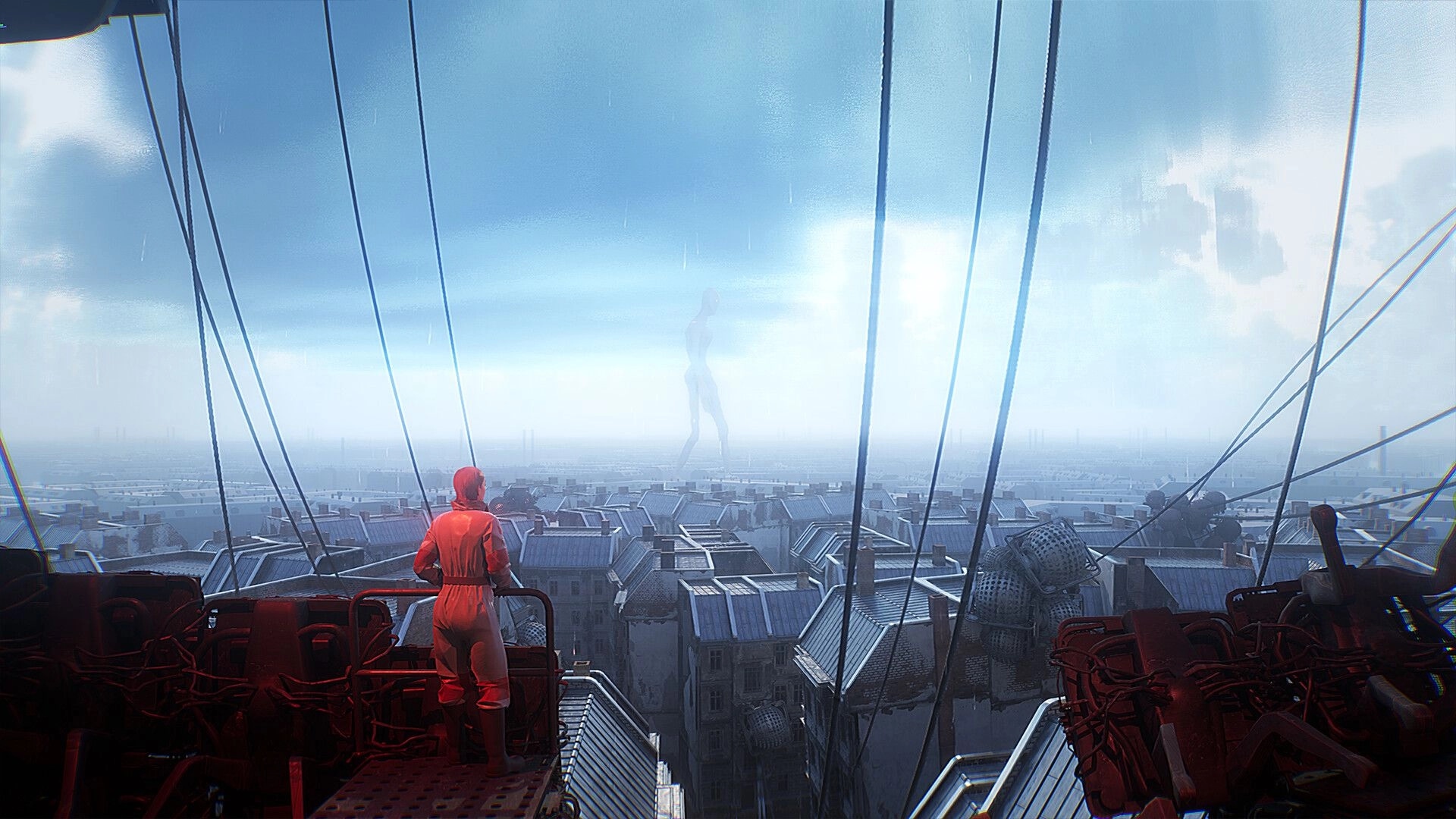 INDUSTRIA 2: Character in red suit overlooks a foggy cityscape with a giant figure in the distance.
