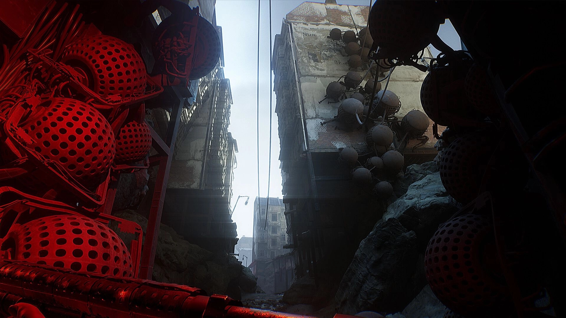 INDUSTRIA 2: Exploring a narrow city alleyway with looming structures and spherical machines overhead.