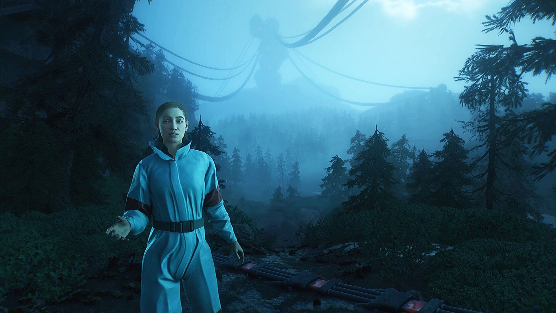 INDUSTRIA 2: Woman in futuristic suit stands in misty forest with large machine silhouette in background.