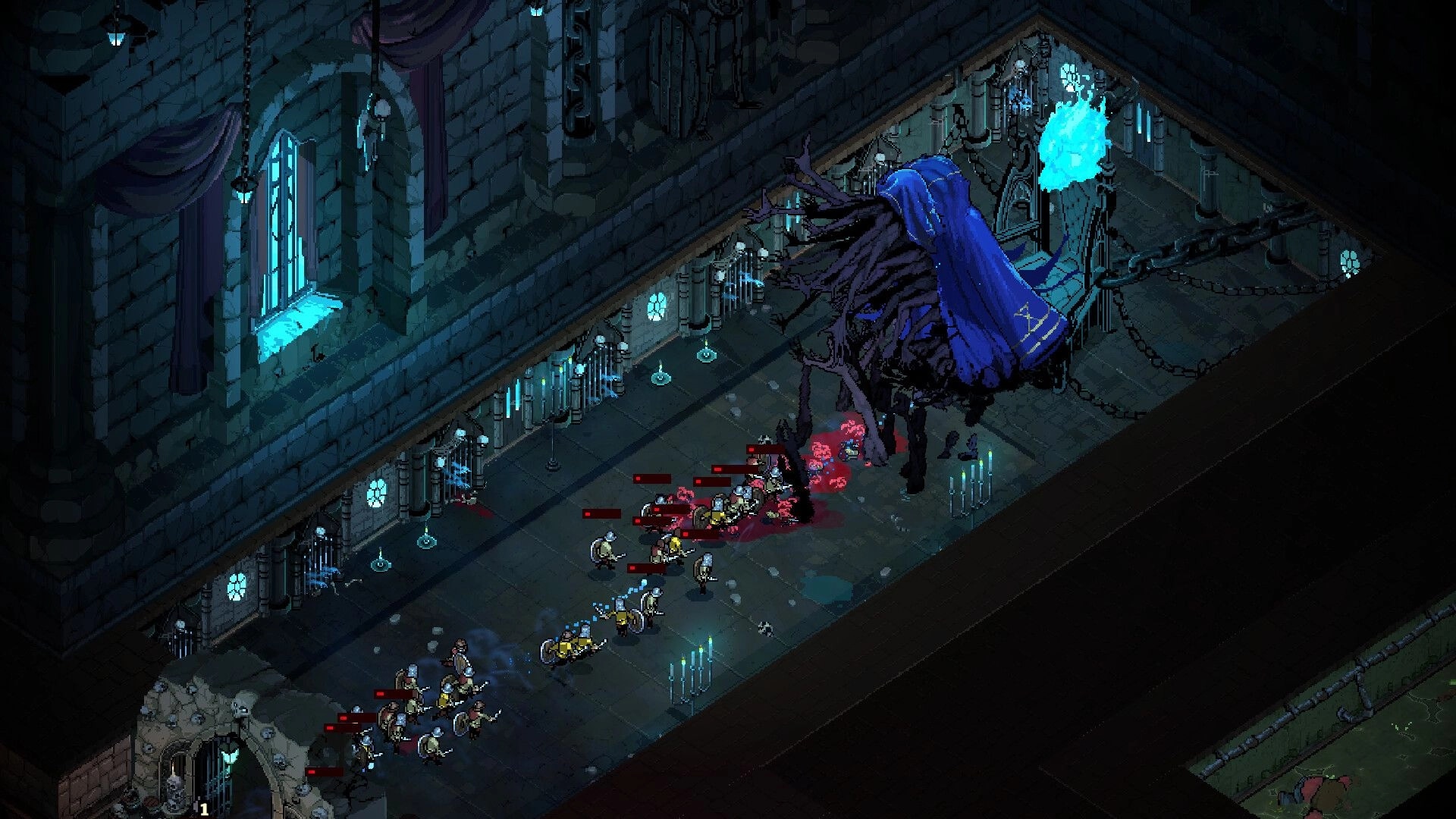 Infamous Keepers: Knights swarm a towering cloaked beast in a candlelit dungeon corridor with blue flames.