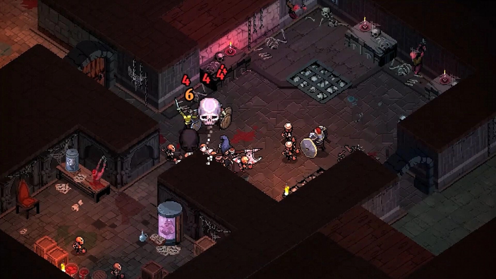 Infamous Keepers: Dungeon brawl with skeleton and guards, damage numbers and spike trap in stone hall.