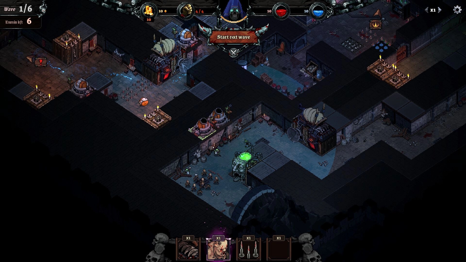 Infamous Keepers: Start next wave UI over trap-lined corridors and turrets in a dim dungeon map.