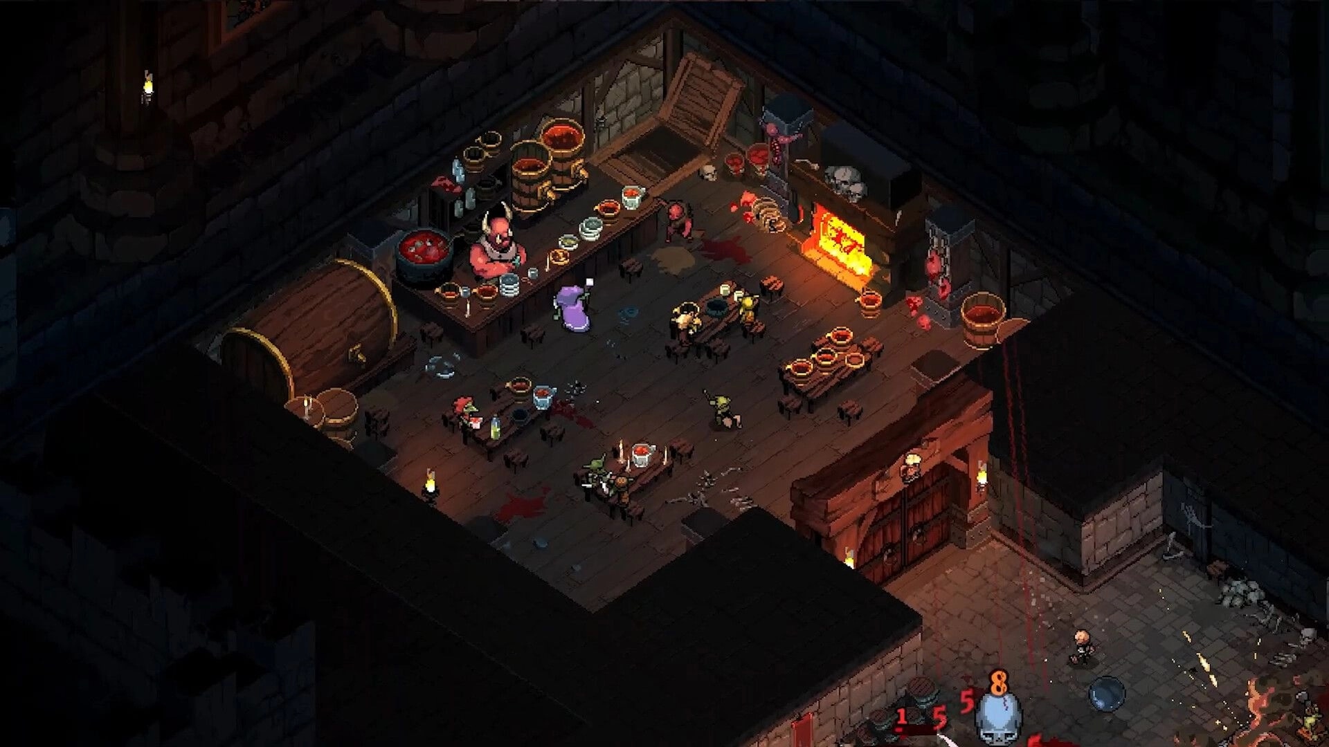 Infamous Keepers: Bloody dungeon tavern with bar patrons and glowing furnace in a dim stone hall.