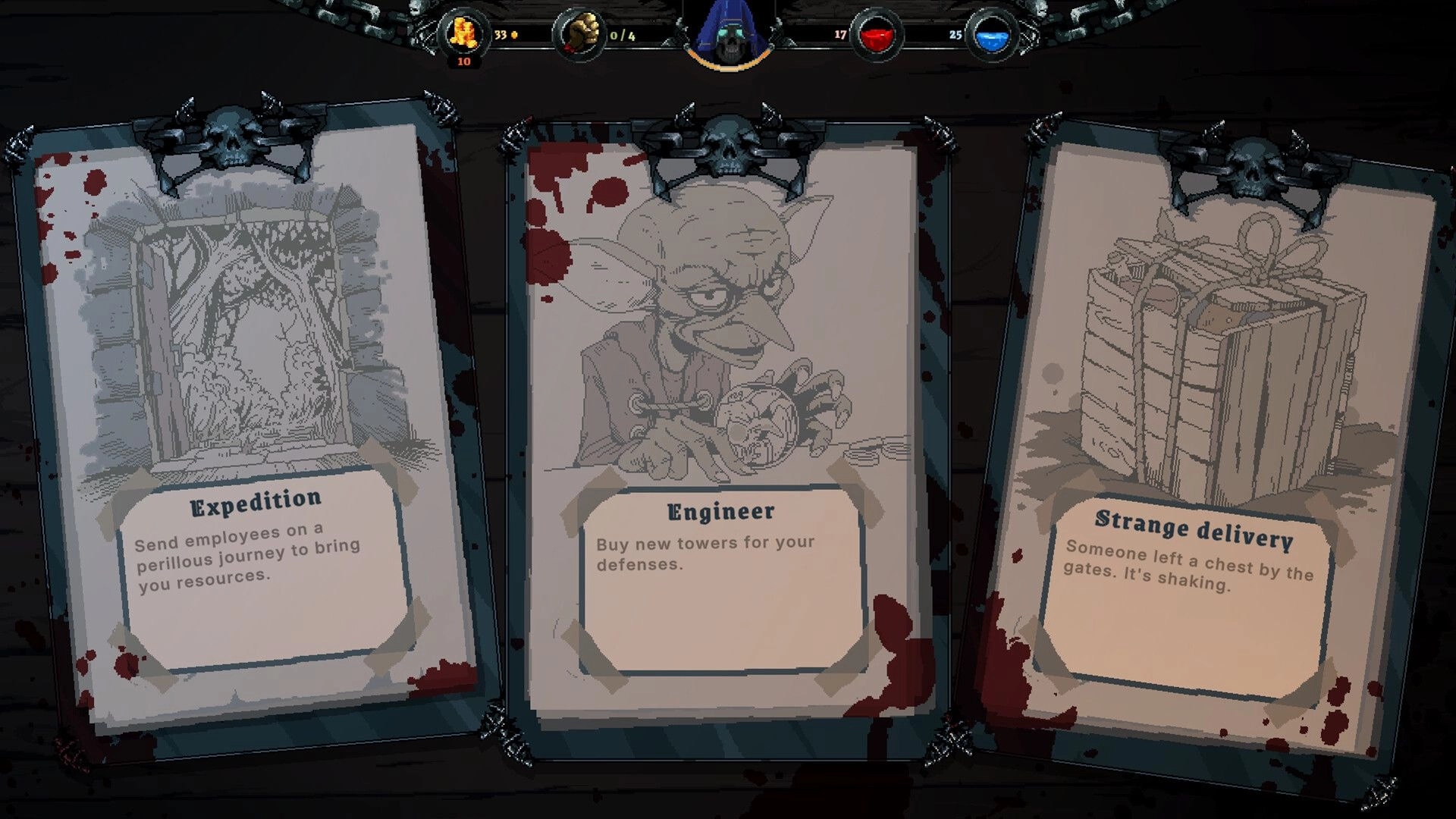 Infamous Keepers: Event choice menu with Expedition, Engineer, and Strange delivery cards in dungeon UI.