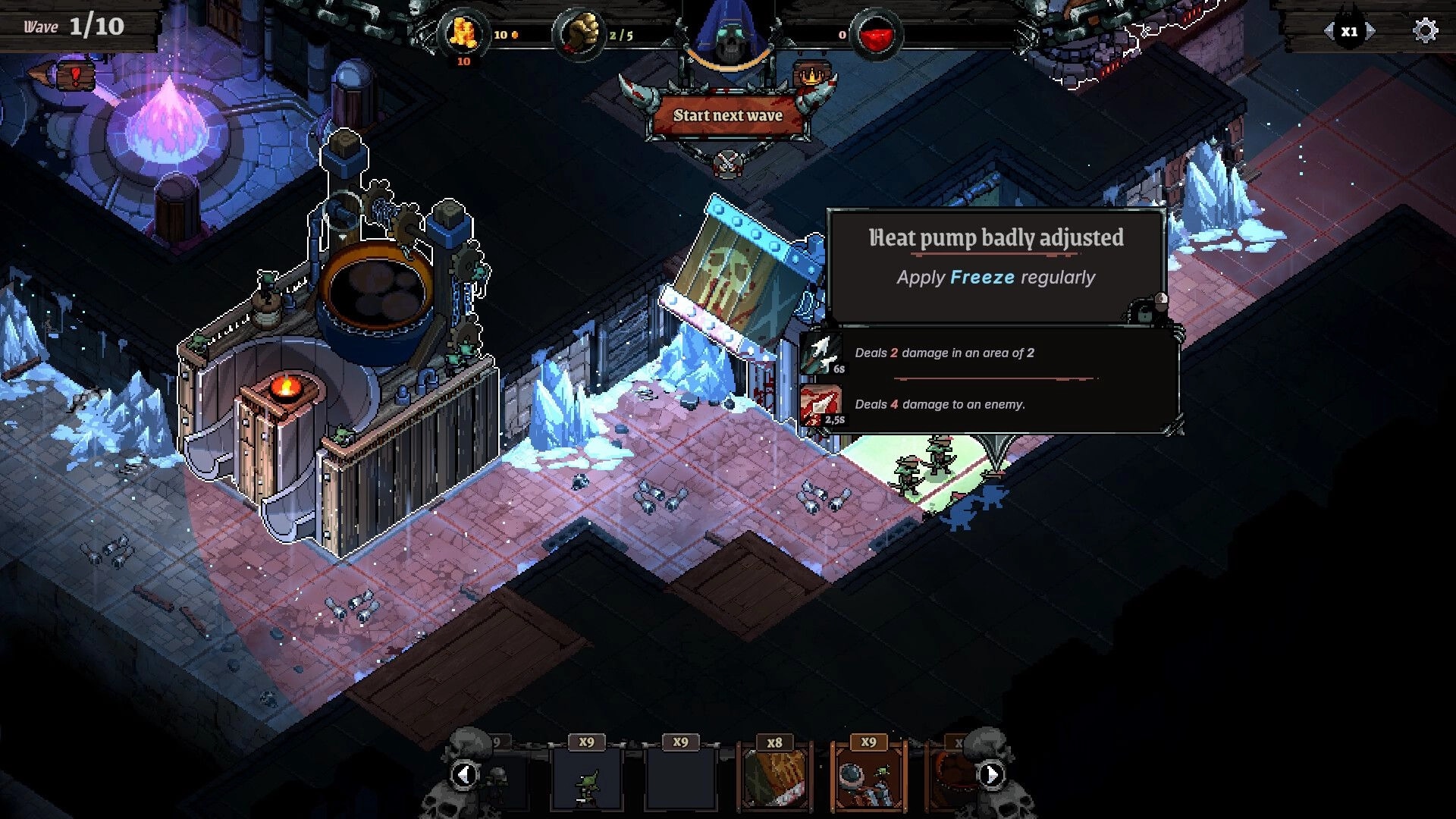 Infamous Keepers: Trap tooltip and Start next wave UI over icy dungeon corridor with grid tiles.