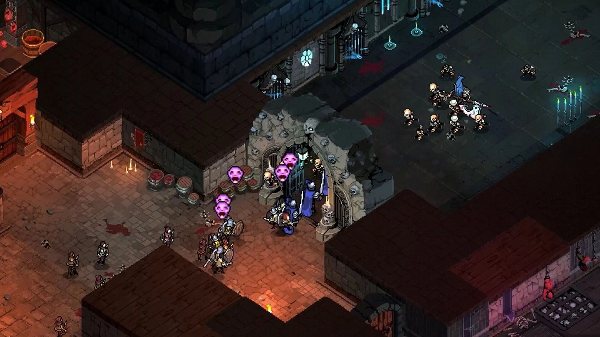 Infamous Keepers: Minions swarm a blue-robed mage by a spiked gate in a candlelit dungeon corridor.